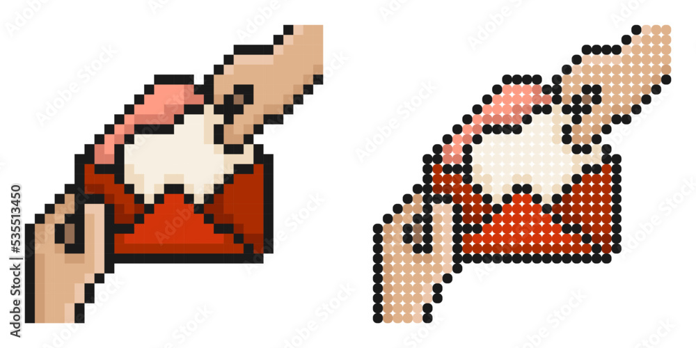 Pixel icon. Hands hold envelope with heart shaped greeting card for holiday on Valentine Day. Simple retro game vector isolated on white background