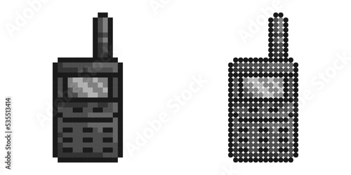 Pixel icon. Radio station to keep in touch. Wireless walkie talkie of security guard, soldier. Simple retro game vector isolated on white background