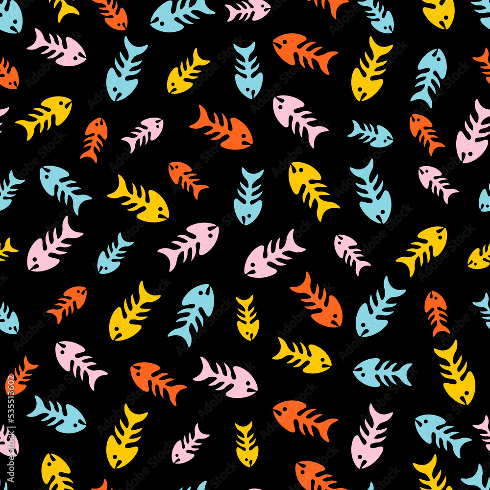 Black seamless pattern with colorful fishbones. Black seamless pattern with colorful fishbones.