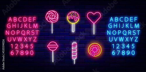 Lollipops neon icons collection. Sweet shop signboard. Glowing emblem. Blue and pink alphabet. Vector stock illustration