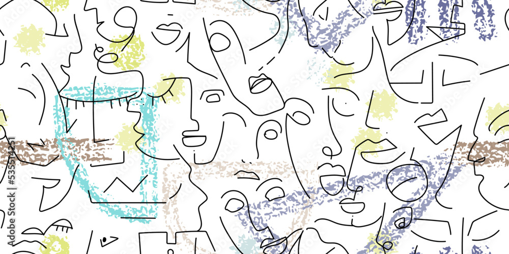 One line drawing. Abstract face seamless pattern.