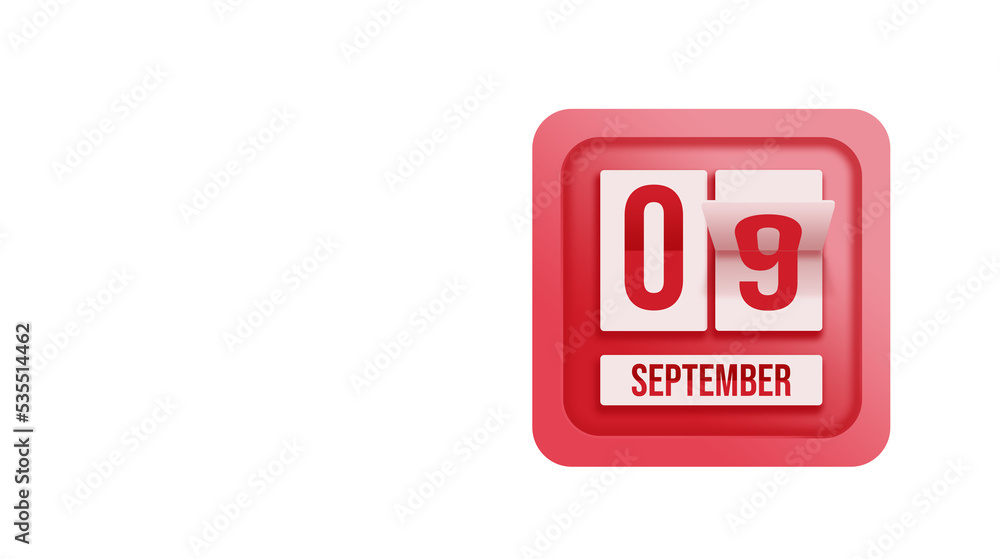 September 9th. Day 9 of month, Calendar date. Calendar in the form of a mechanical scoreboard red timetable tableau on white. Autumn month, day of the year concept. September 9th. Day 9 of month, Calendar date. Calendar in the form of a mechanical scoreboard red timetable tableau on white. Autumn month, day of the year concept.
