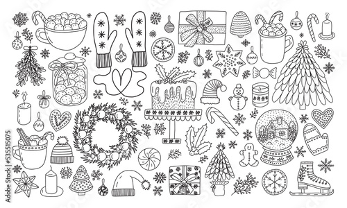 Hand drawn vector Christmas elements set. Big Christmas stickers in doodle style set. Gift boxes, gingerbread cookies, snowflakes and winter desserts