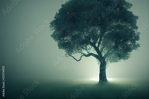 Fairy tree in fog. Old magical tree with big branches and orange leaves. Mystical autumn forest in fog. Magical forest.  3D rendering  raster illustration.