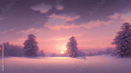Winter landscape with neon sunset. Snowy flat valley. Colored winter landscape. Frosty winter sunset. © MiaStendal