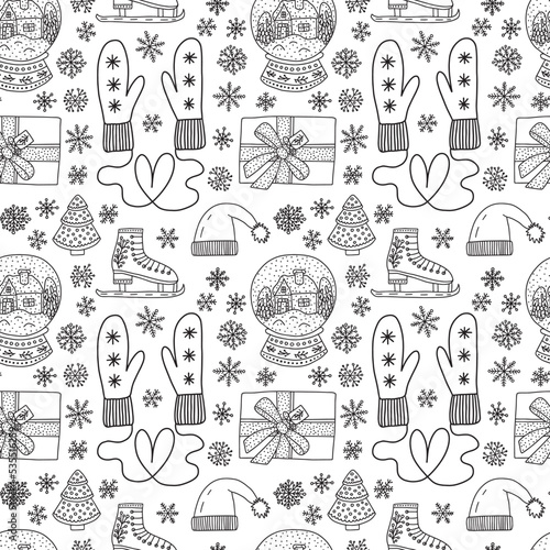 Doodle cute Christmas seamless pattern. Hand drawn winter mittens, glass snowball, winter hat, snowflakes and present box on white background