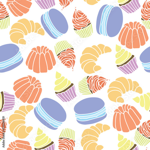 Seamless pattern with sweet elements. Vector illustration with pudding, croissant, cupcake and muffins.
