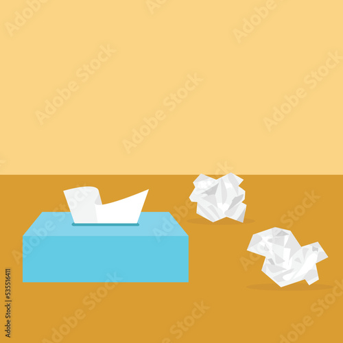 Box of dry napkins with using napkins behind. Seasonal flu and cold. Vector illustration.