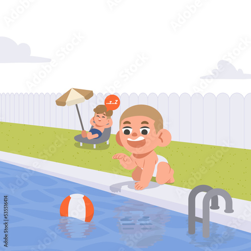 A man sleeping and the baby is about to fall into the water. illustration vector cartoon character design on white background. Safety concept.