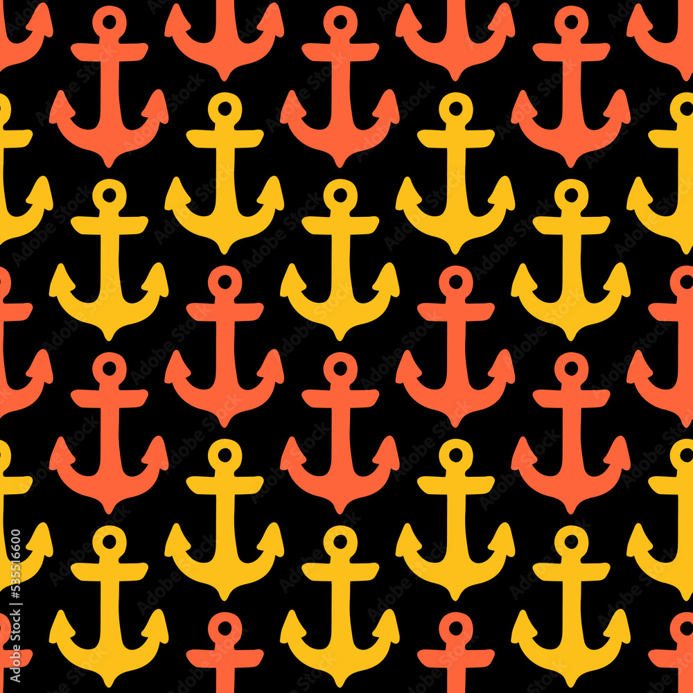 Black seamless pattern with orange and yellow anchors.