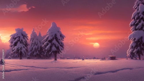 Winter landscape with neon ...