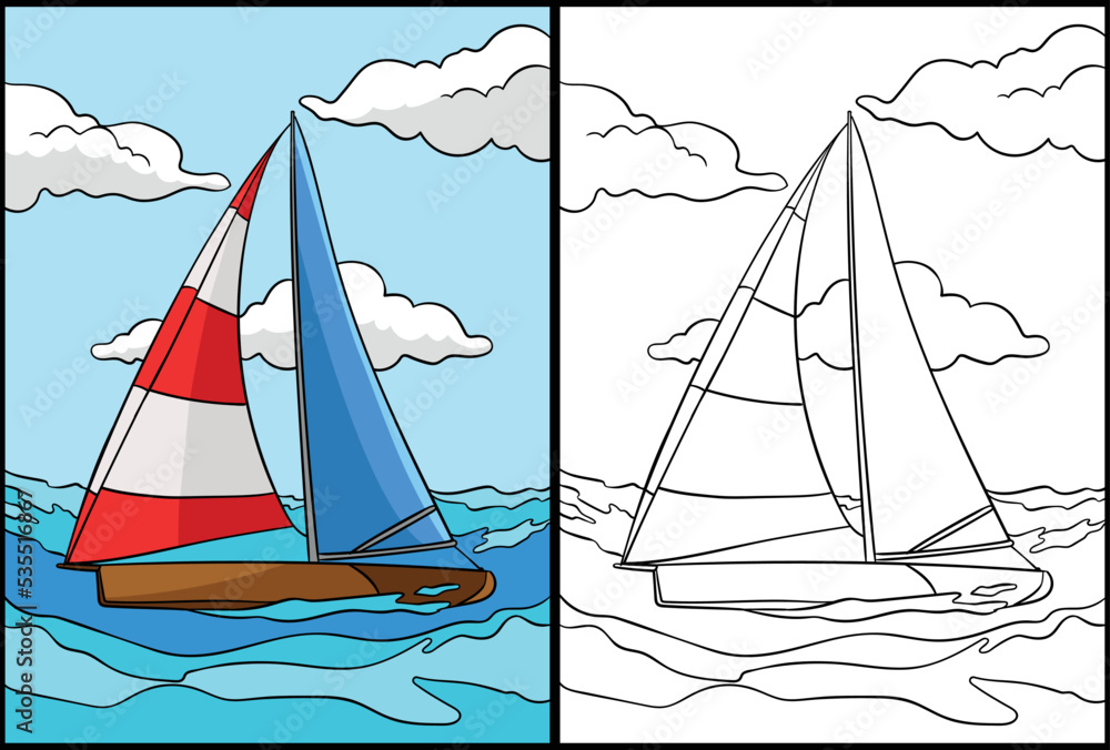 Sailing Coloring Page Colored Illustration