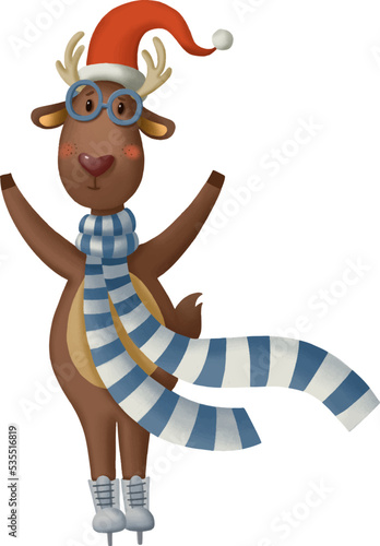 Cartoon Christmas reindeer in Santa hat and scarf on skates