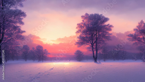 Winter landscape with neon sunset. Snowy flat valley. Colored winter landscape. Frosty winter sunset.  © MiaStendal