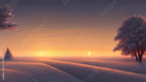Winter landscape with neon sunset. Snowy flat valley. Colored winter landscape. Frosty winter sunset. 