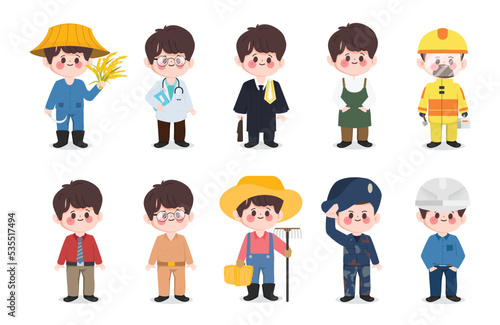 Cute cartoon hand drawn thai job character set. Thai teacher, farmer,doctor,lawyer,air force, engineer,soldier and government uniform character. People in government job character.