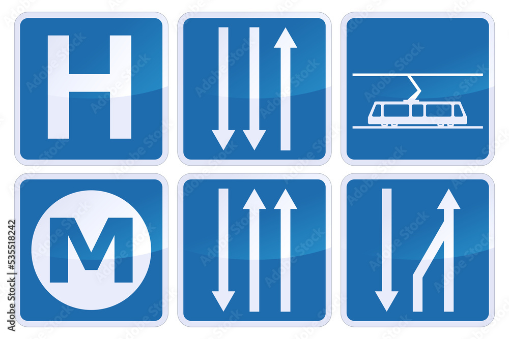 Collection of different blue square road information signs such as the ...