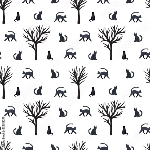 Vector black cats seamless pattern. Hand drawn cats and trees silhouette pattern © Александра Кириченко