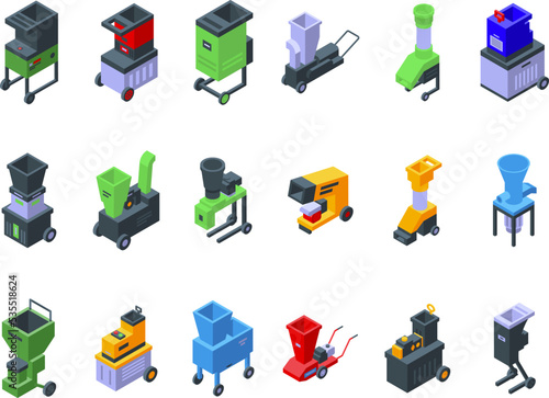Garden shredder icons set isometric vector. Wood tree. String mower