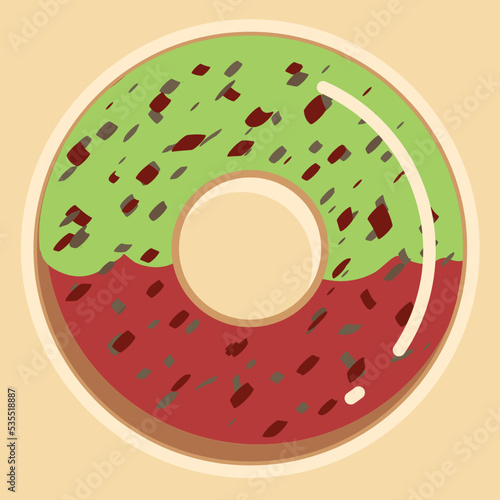 Hand drawn vector illustration of cute fancy halloween doughnut, berry and chocolate flakes on green tea and berry cream donut isolated on light yellow background. 