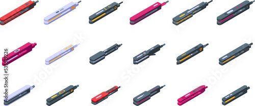 Hair straightener icons set isometric vector. Salon iron. Styler curling