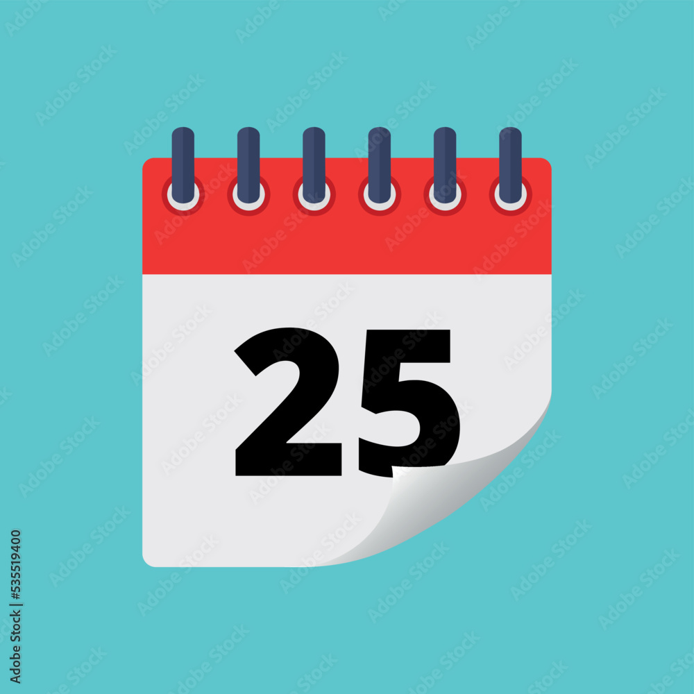 Vector illustration of specific day calendar with bent tip effect isolated on blue background marking day 25. Vector illustration of specific day calendar with bent tip effect isolated on blue background marking day 25.