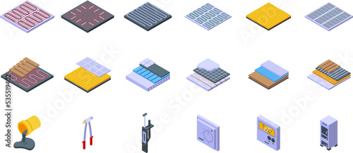 Warm floor icons set isometric vector. Heat floor. Climate comfort