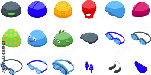 Swimming cap icons set isometric vector. Pool swim. Water summer