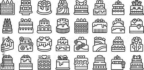 Wedding cake icons set outline vector. Bakery date. Love sweet