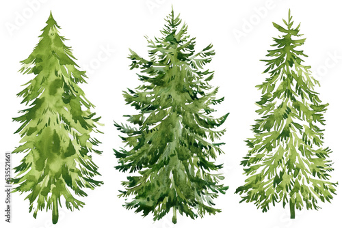 Set watercolor Christmas trees isolated on white background, modern design. For poster, greeting card, invitation