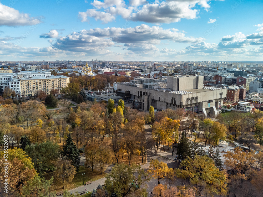 Aerial autumn view of tourist attractions in Kharkiv city center. Ballet theater, Mirror Stream, church and scenic sky. City sights in Ukraine