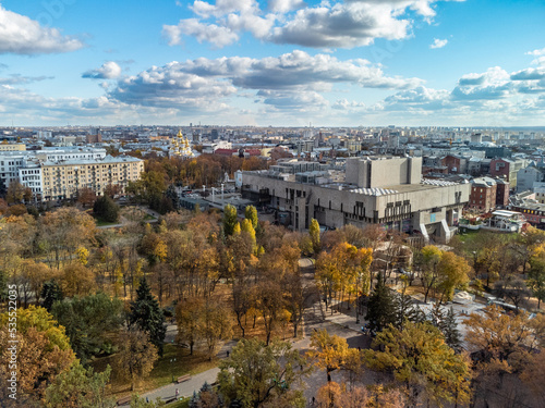 Aerial autumn view of tourist attractions in Kharkiv city center. Ballet theater, Mirror Stream, church and scenic sky. City sights in Ukraine