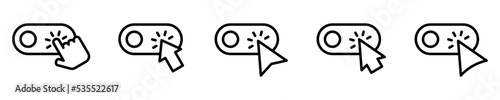 Conjunto de icono de clic del cursor en el botón de encendido y apagado. Concepto de desplazamiento de encender y apagar. Ilustración vectorial