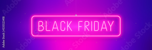 Black Friday Sale template design. Hanging glowing frame with text. Pink and violet gradient horizontal banner for Black Friday.