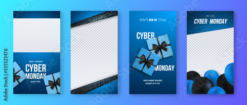 Cyber Monday Sale vertical banner. Trendy Social media Stories template. Realistic gift boxes and air balloons. Techo background.