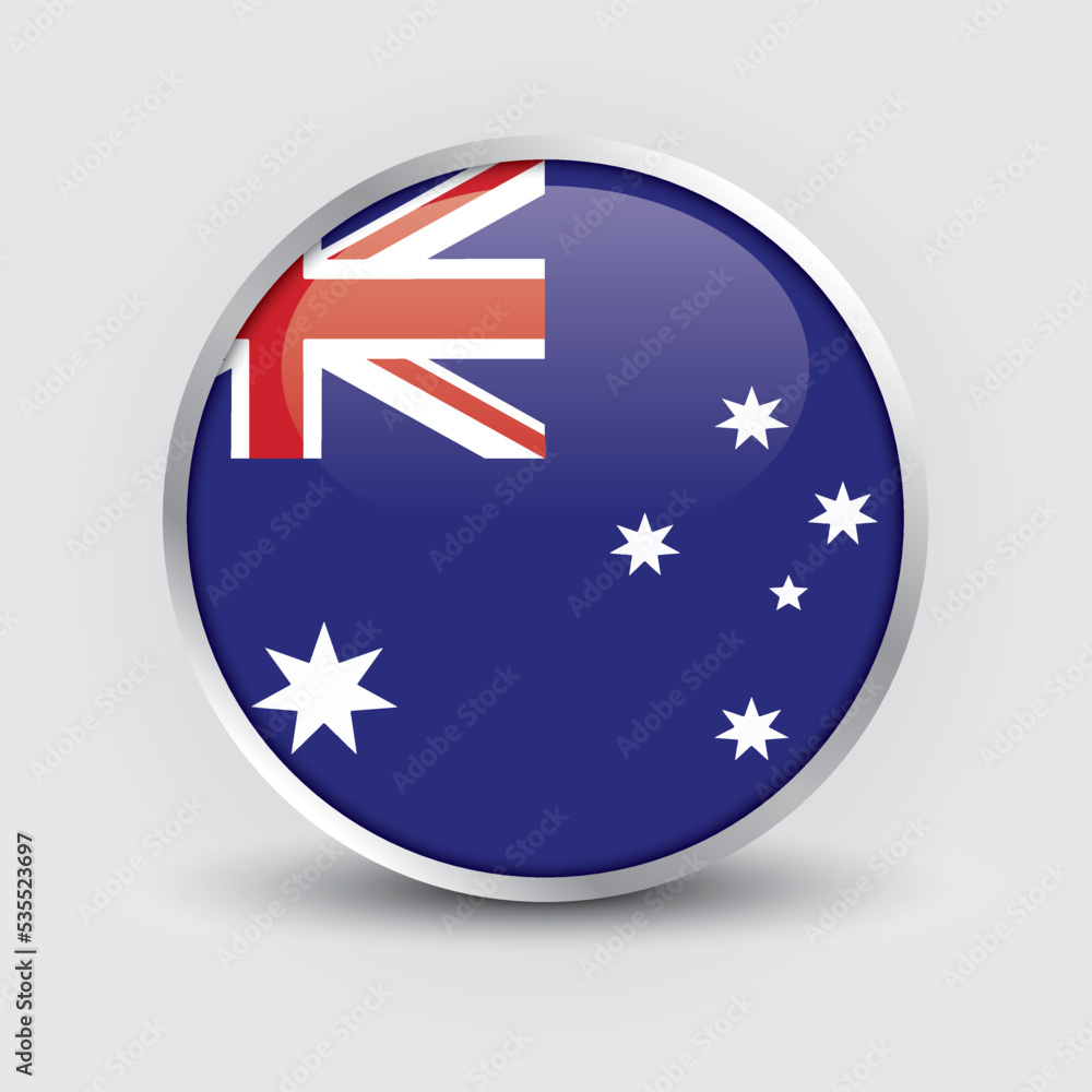 Australia round flag design is used as badge, button, icon with reflection of shadow. Icon country. Realistic vector illustration. Australia round flag design is used as badge, button, icon with reflection of shadow. Icon country. Realistic vector illustration.