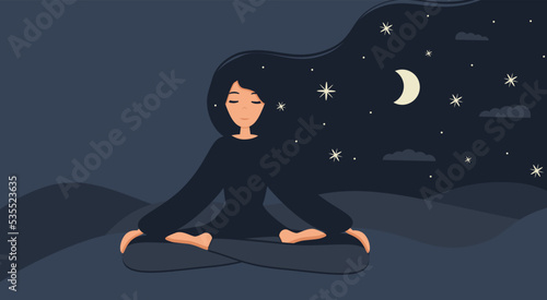 Girl in yoga lotus practices meditation at night outdoor. Nature background with moon. Banner, card or landing page template. Vector illustration in flat style. Young woman meditating