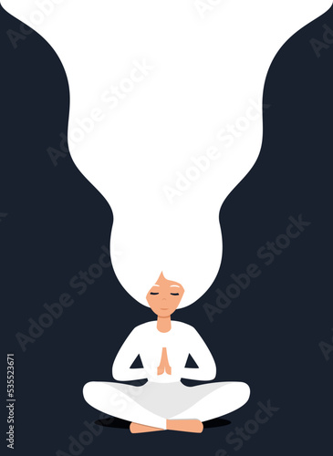 Girl in yoga lotus practices meditation. Vector illustration in flat style. Template for banner, postcard or poster. Young woman meditating.