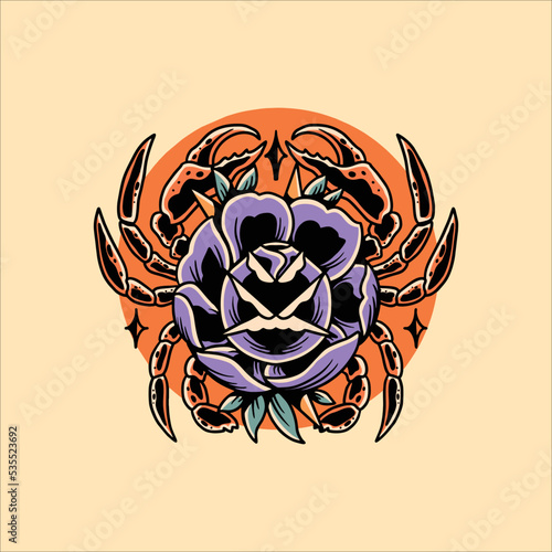rose crab tattoo vector design