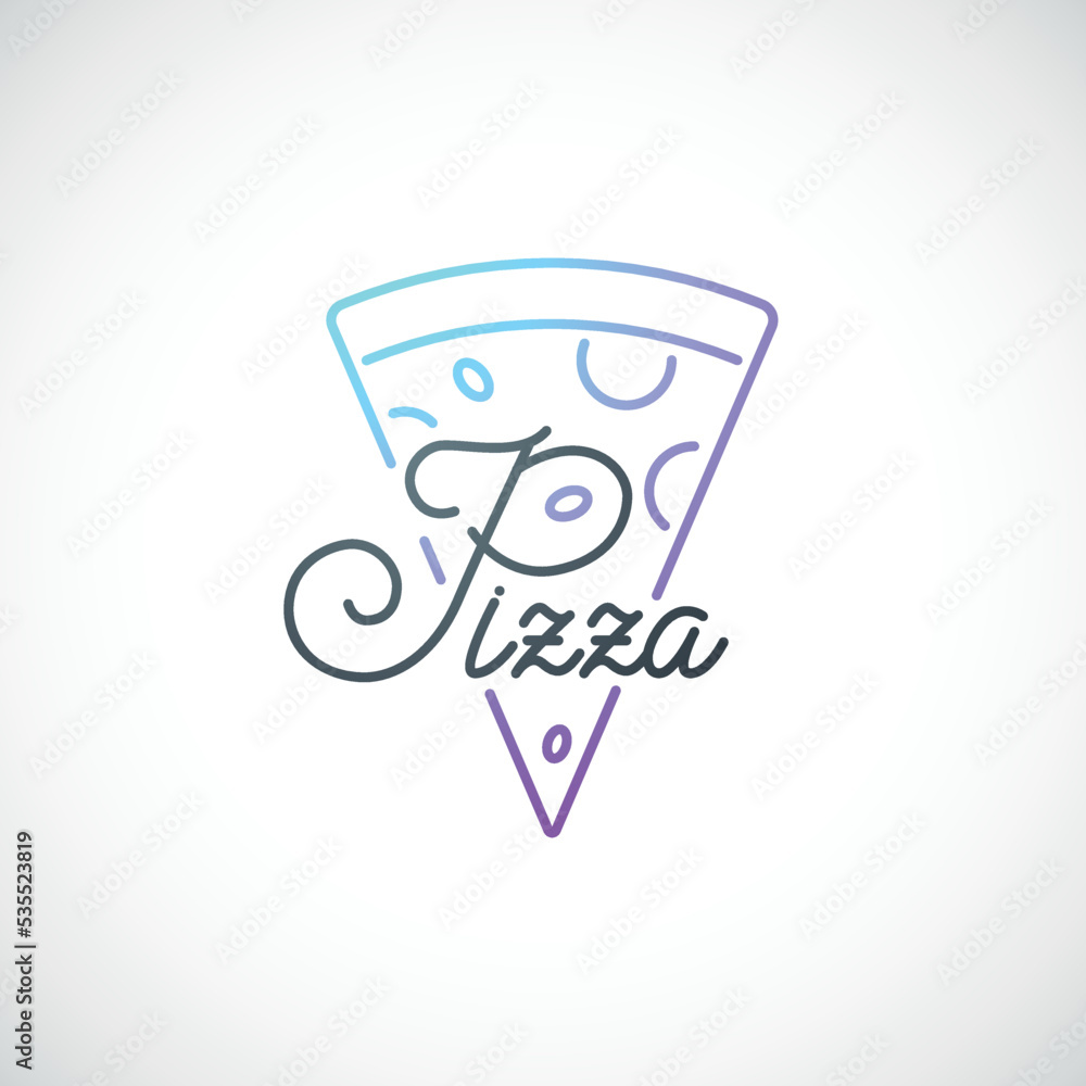 Elegant emblem for Pizzeria. Line icon with slice of pizza and text. Pizza cafe logo idea. Vector illustration. Elegant emblem for Pizzeria. Line icon with slice of pizza and text. Pizza cafe logo idea. Vector illustration.