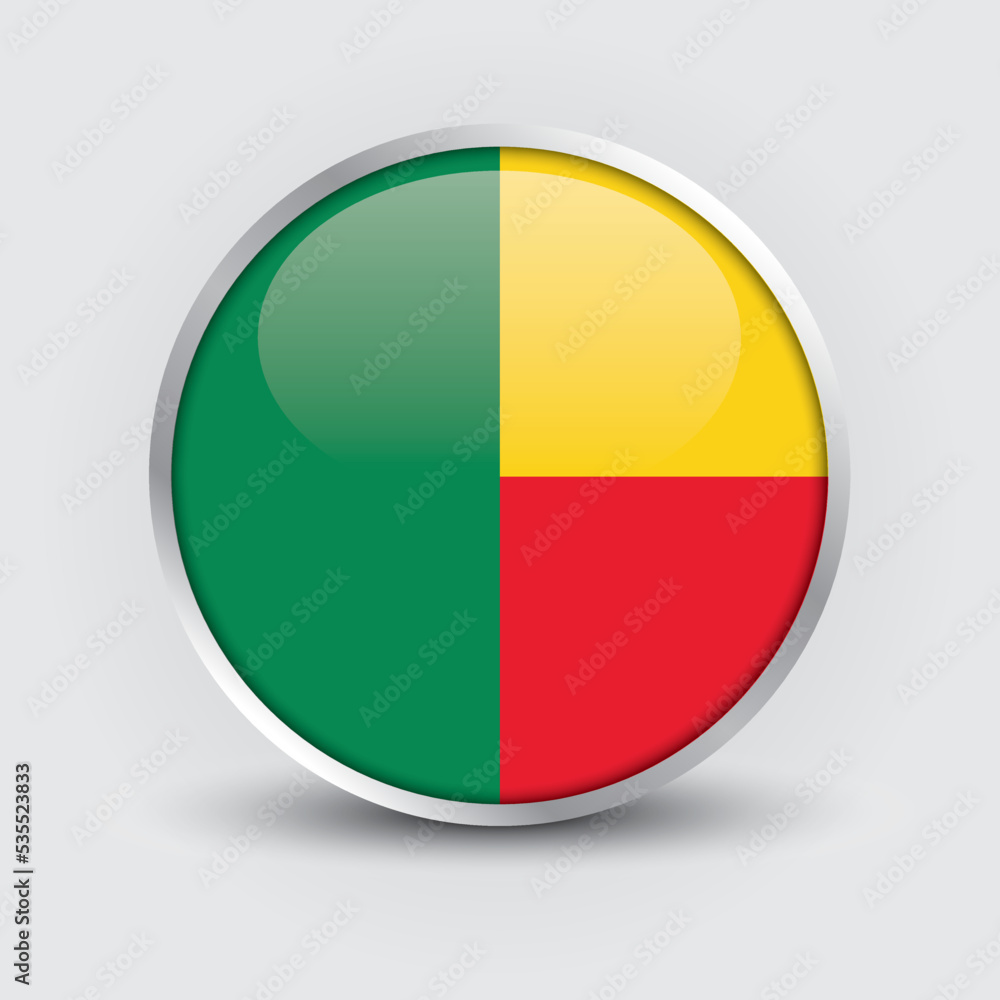 Benin round flag design is used as badge, button, icon with reflection of shadow. Icon country. Realistic vector illustration. Benin round flag design is used as badge, button, icon with reflection of shadow. Icon country. Realistic vector illustration.