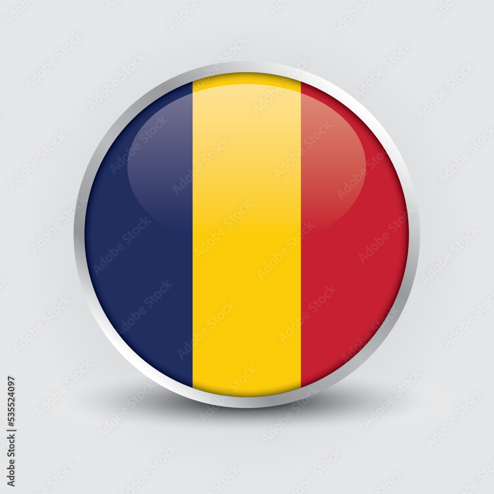 Chad round flag design is used as badge, button, icon with reflection of shadow. Icon country. Realistic vector illustration. Chad round flag design is used as badge, button, icon with reflection of shadow. Icon country. Realistic vector illustration.