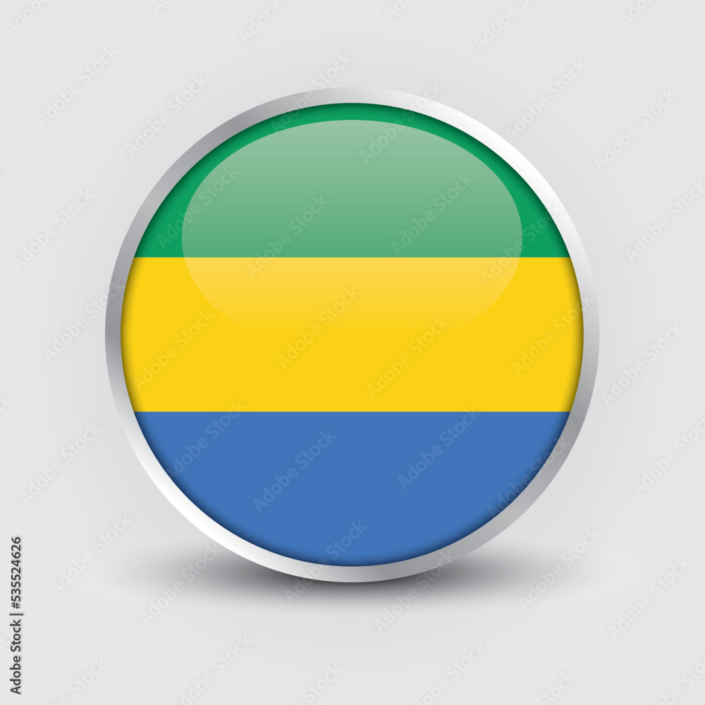 Gabon round flag design is used as badge, button, icon with reflection of shadow. Icon country. Realistic vector illustration. Gabon round flag design is used as badge, button, icon with reflection of shadow. Icon country. Realistic vector illustration.