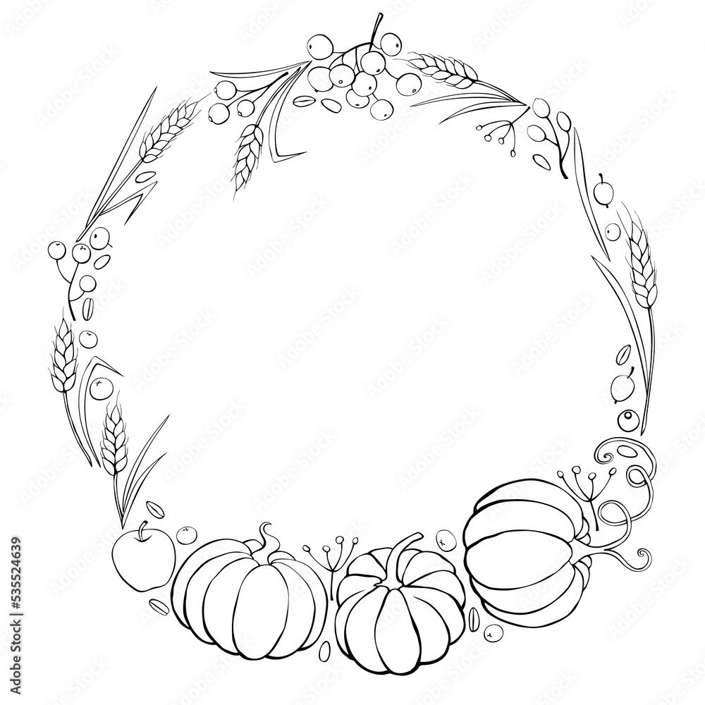 Vector wreath of autumn harvest symbols: pumpkins, wheat ears, berries in doodle style. Outline round frame, border. Theme: forest, happy autumn, Thanksgiving Vector wreath of autumn harvest symbols: pumpkins, wheat ears, berries in doodle style. Outline round frame, border. Theme: forest, happy autumn, Thanksgiving