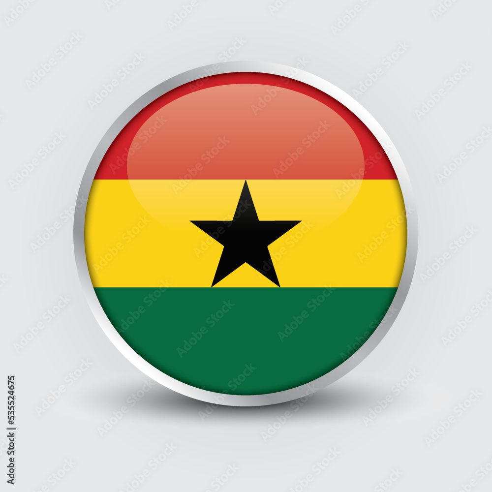 Ghana round flag design is used as badge, button, icon with reflection of shadow. Icon country. Realistic vector illustration. Ghana round flag design is used as badge, button, icon with reflection of shadow. Icon country. Realistic vector illustration.