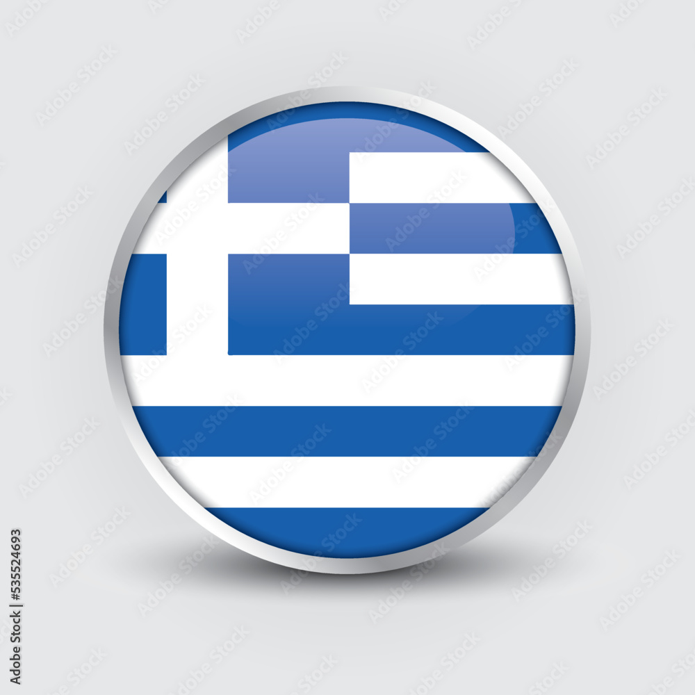 Greece round flag design is used as badge, button, icon with reflection of shadow. Icon country. Realistic vector illustration. Greece round flag design is used as badge, button, icon with reflection of shadow. Icon country. Realistic vector illustration.