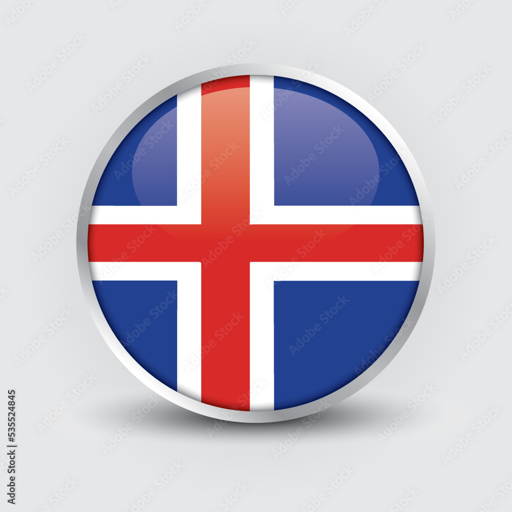 Iceland round flag design is used as badge, button, icon with reflection of shadow. Icon country. Realistic vector illustration. Iceland round flag design is used as badge, button, icon with reflection of shadow. Icon country. Realistic vector illustration.