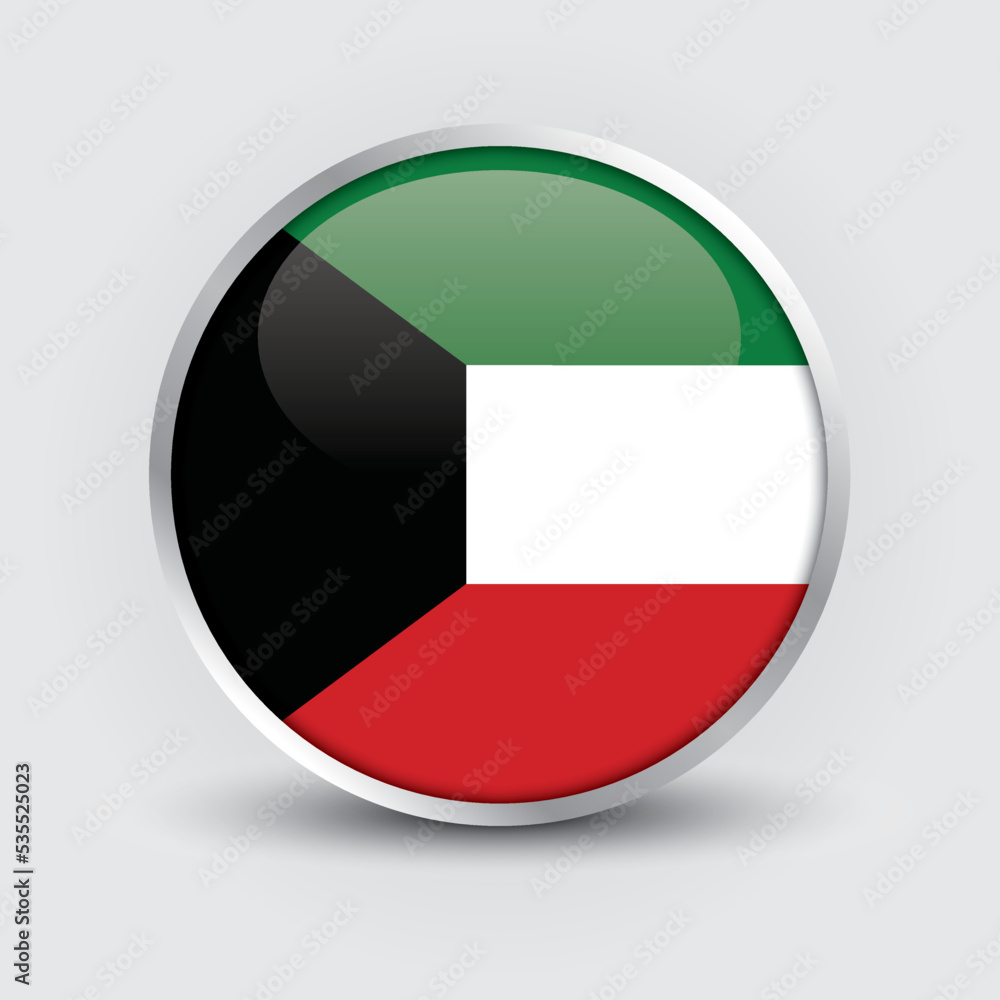 Kuwait round flag design is used as badge, button, icon with reflection of shadow. Icon country. Realistic vector illustration. Kuwait round flag design is used as badge, button, icon with reflection of shadow. Icon country. Realistic vector illustration.