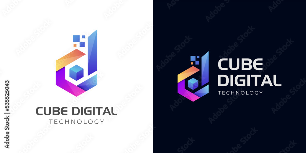 initial letter D cube digital tech logo design for Business corporate letter D logo design. geometric colorful D logo with hexagon technology logo symbol