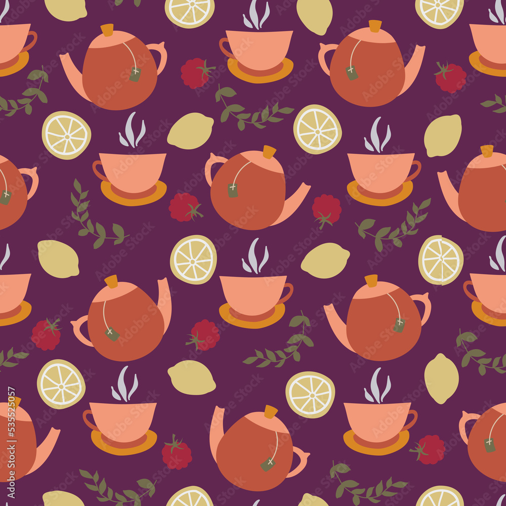 Seamless tea time pattern, Kettles and cups print, Warm drink illustration ornament, Tea pot and lemon, raspberry and mint, Design for tea towels, aprons, kitchen textile, table clothes, stationery Seamless tea time pattern, Kettles and cups print, Warm drink illustration ornament, Tea pot and lemon, raspberry and mint, Design for tea towels, aprons, kitchen textile, table clothes, stationery